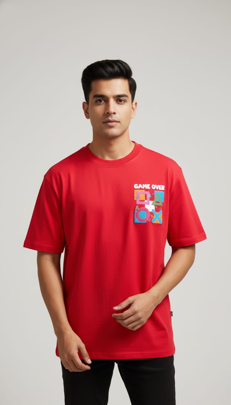 Red "Game Over" PlayStation Inspired Graphic Oversized T-Shirt | Unisex Gaming Streetwear Tee