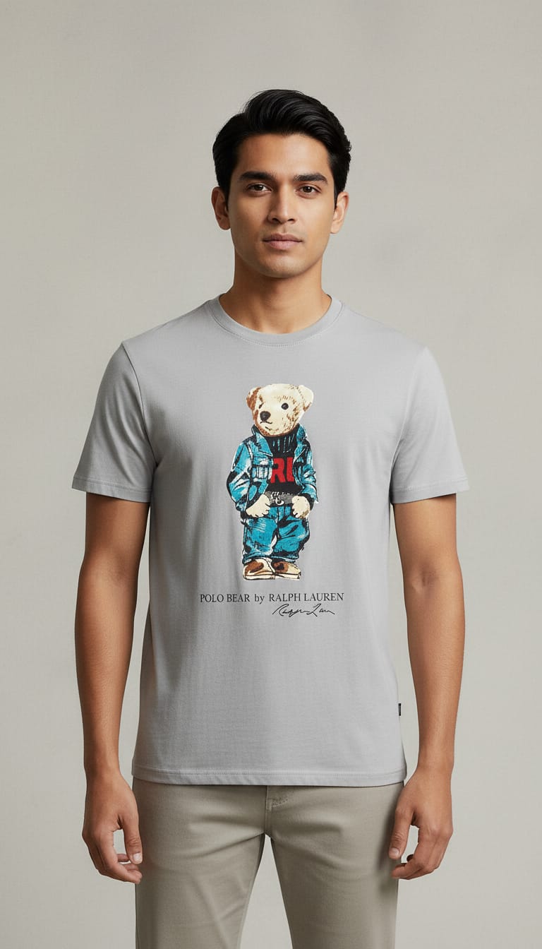 Grey Polo Bear Graphic T-Shirt - Vintage Ralph Lauren Inspired Oversized Tee | Premium Cotton