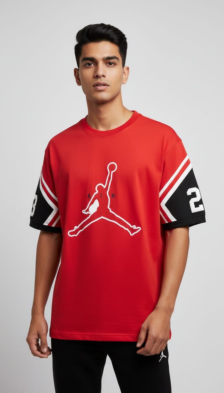 Red Air Jordan Jumpman Graphic T-Shirt with Striped Sleeves | Oversized Cotton Streetwear Tee