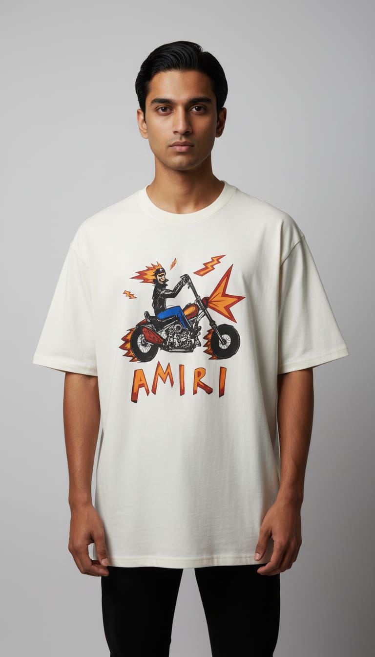 Premuim Quality Amiri Inspired Biker Motorcycle Graphic Oversized T-Shirt - Cream / Green / Blue | Unisex Streetwear Tee