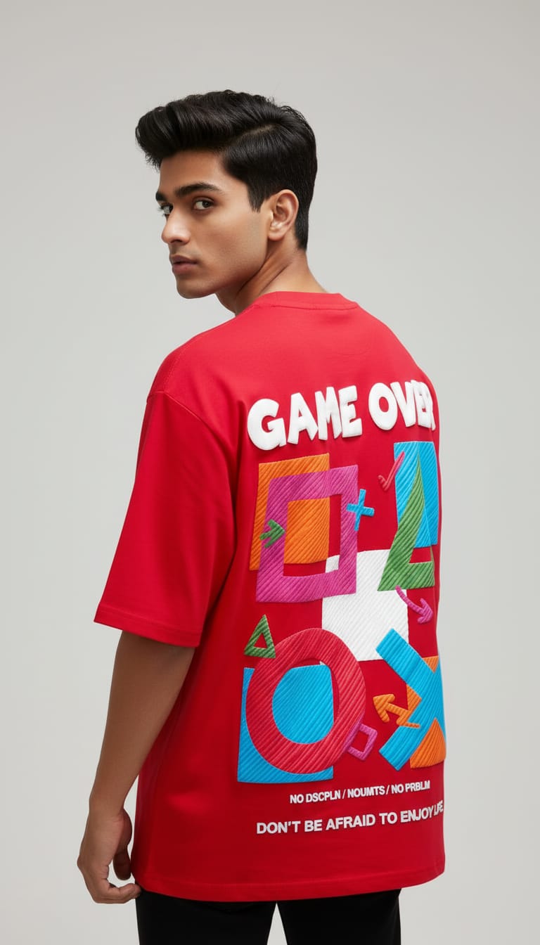 Red "Game Over" PlayStation Inspired Graphic Oversized T-Shirt | Unisex Gaming Streetwear Tee