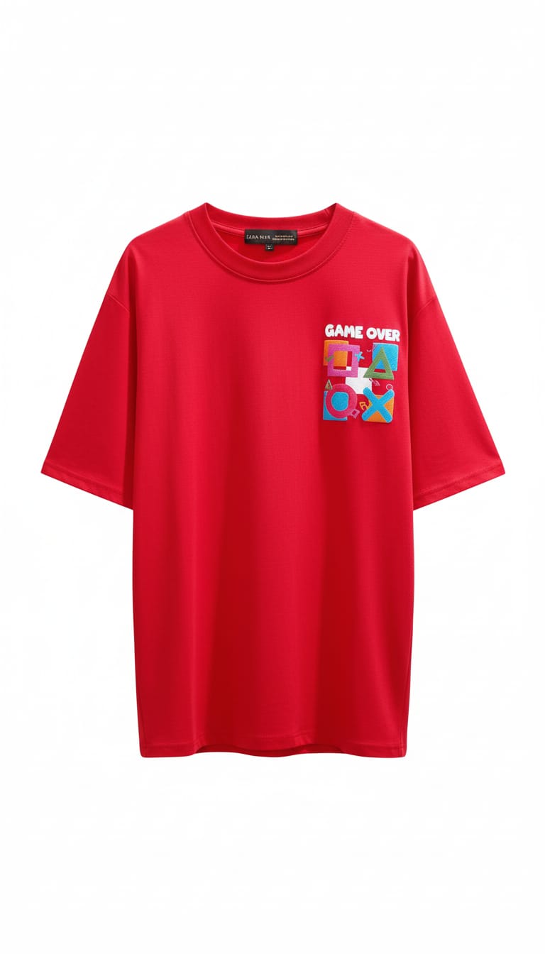 Red "Game Over" PlayStation Inspired Graphic Oversized T-Shirt | Unisex Gaming Streetwear Tee