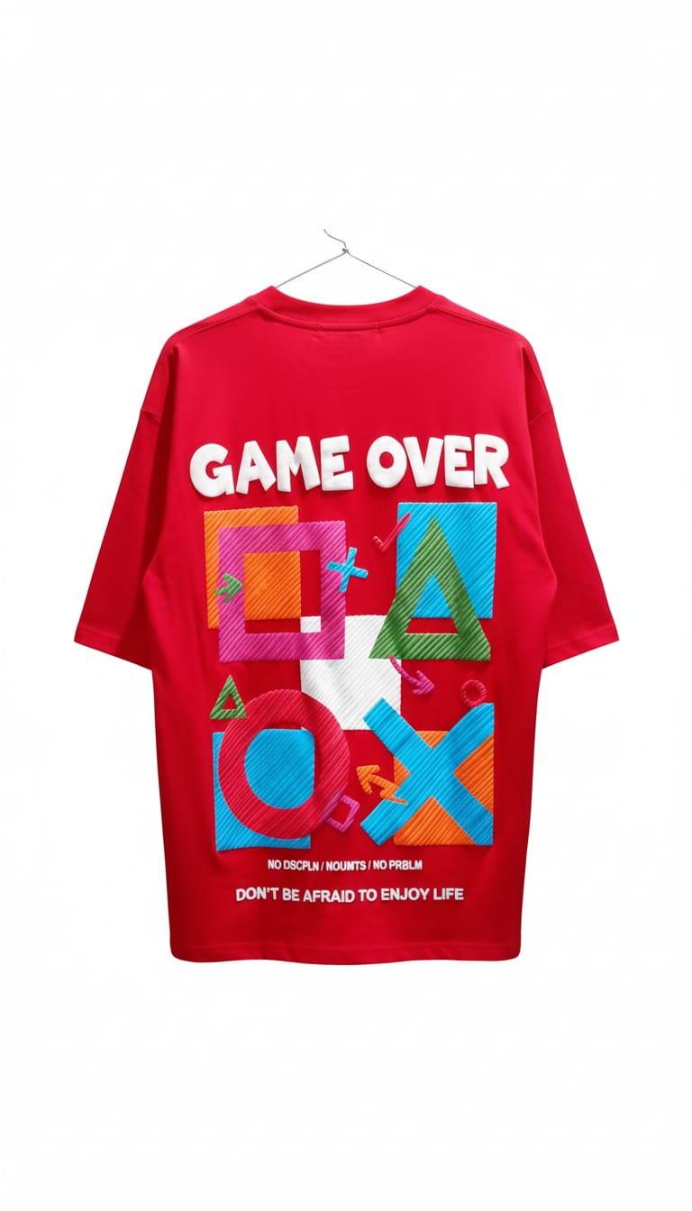 Red "Game Over" PlayStation Inspired Graphic Oversized T-Shirt | Unisex Gaming Streetwear Tee