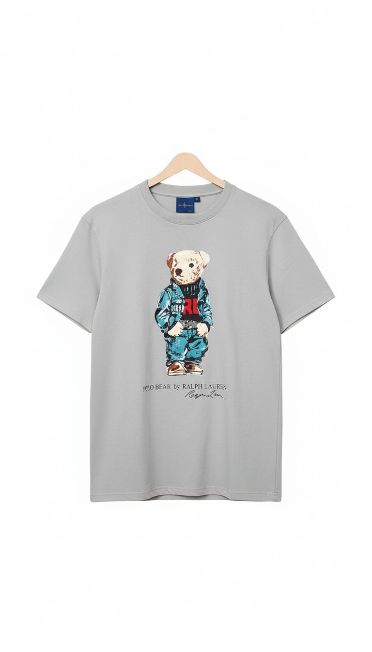 Grey Polo Bear Graphic T-Shirt - Vintage Ralph Lauren Inspired Oversized Tee | Premium Cotton