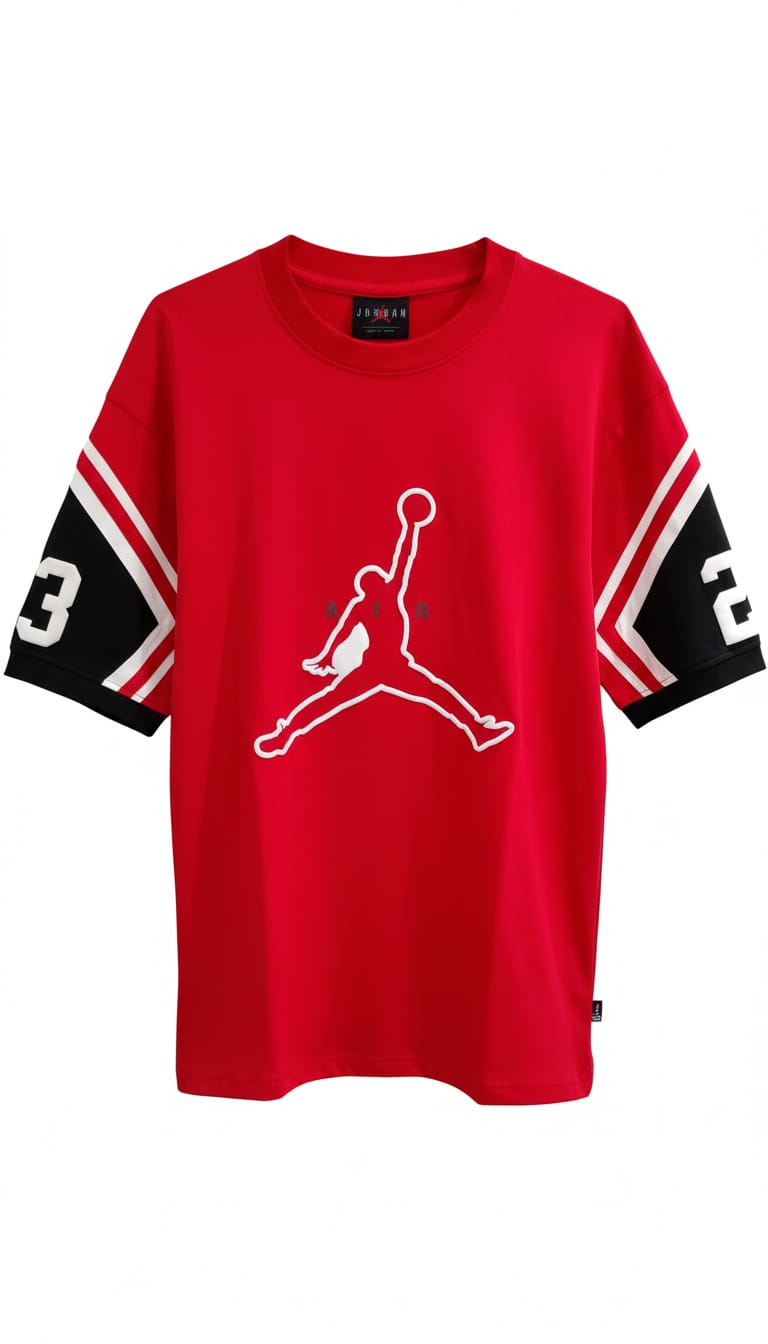 Red Air Jordan Jumpman Graphic T-Shirt with Striped Sleeves | Oversized Cotton Streetwear Tee