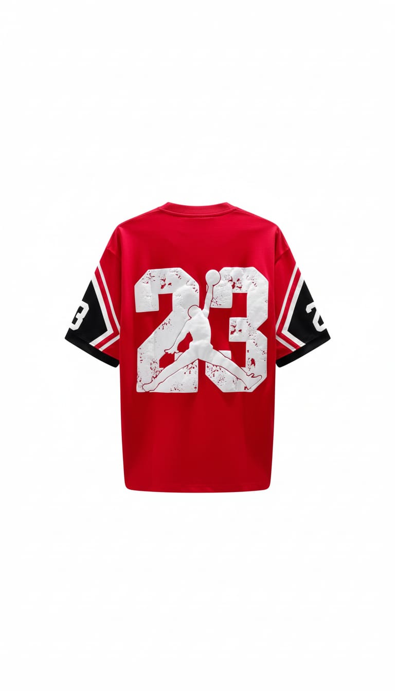 Red Air Jordan Jumpman Graphic T-Shirt with Striped Sleeves | Oversized Cotton Streetwear Tee