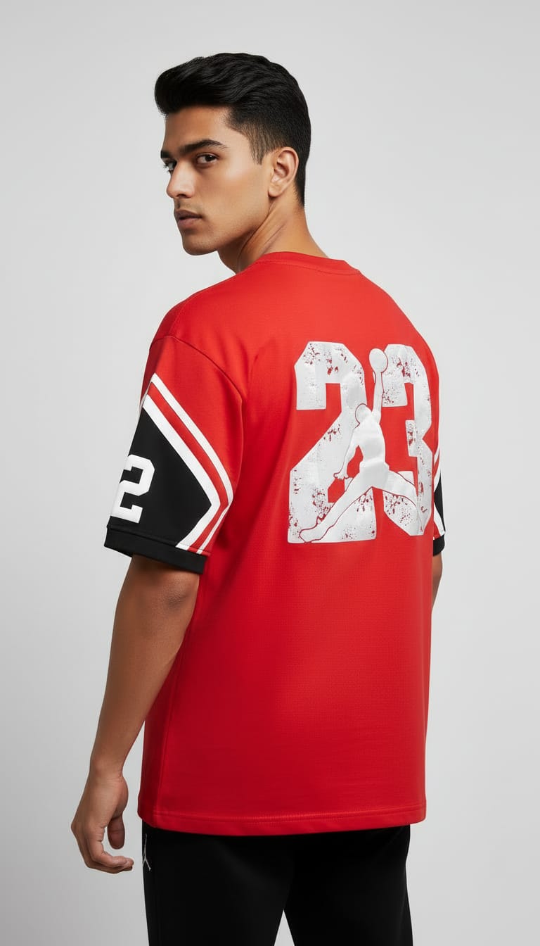 Red Air Jordan Jumpman Graphic T-Shirt with Striped Sleeves | Oversized Cotton Streetwear Tee