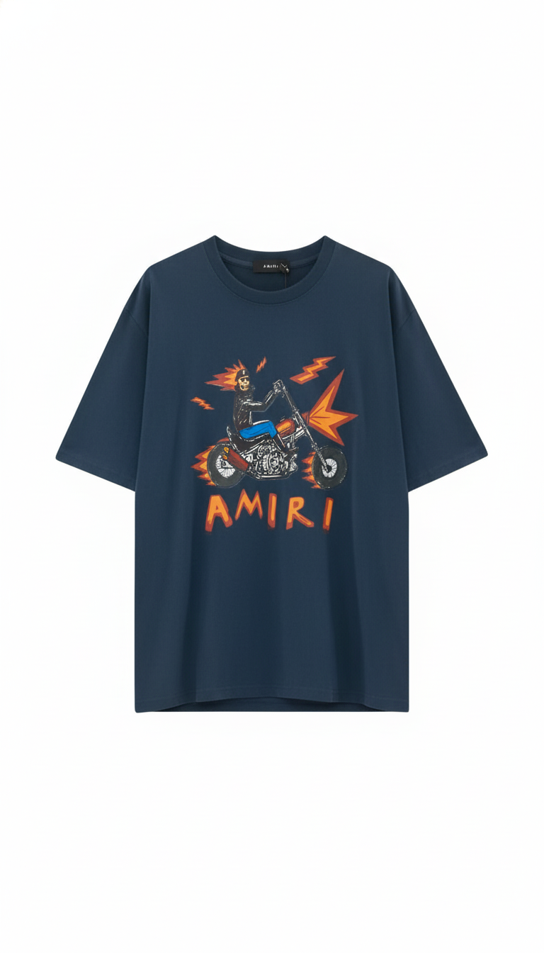 Premuim Quality Amiri Inspired Biker Motorcycle Graphic Oversized T-Shirt - Cream / Green / Blue | Unisex Streetwear Tee