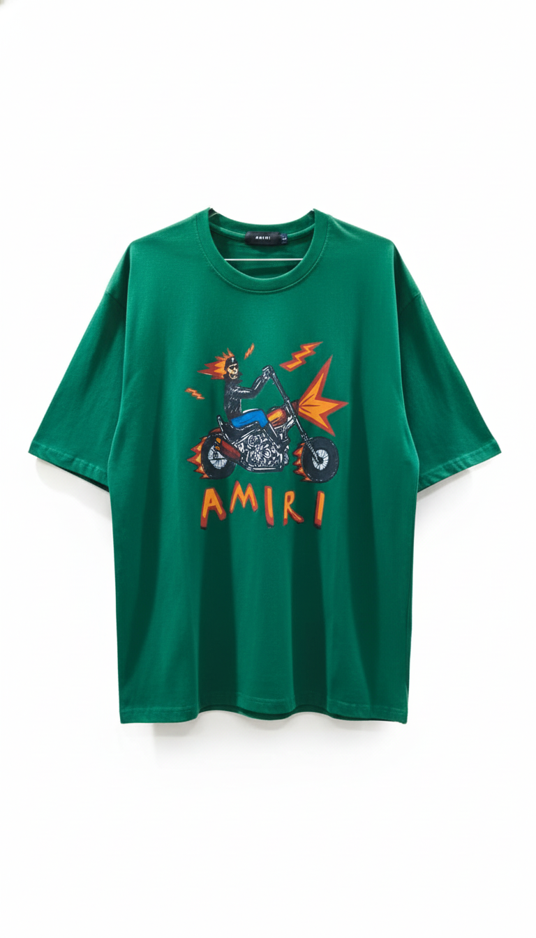 Premuim Quality Amiri Inspired Biker Motorcycle Graphic Oversized T-Shirt - Cream / Green / Blue | Unisex Streetwear Tee