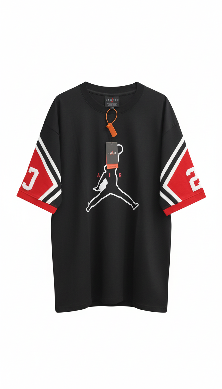 Red Air Jordan Jumpman Graphic T-Shirt with Striped Sleeves | Oversized Cotton Streetwear Tee